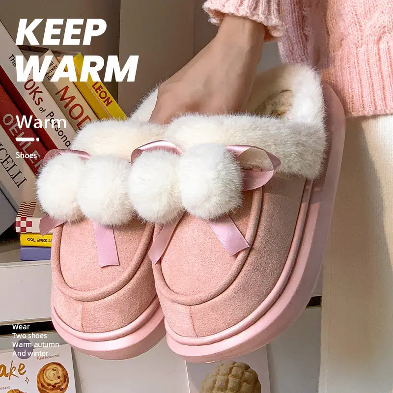 2025 Winter Double Ball Bow Plush Cotton Slippers for Women
