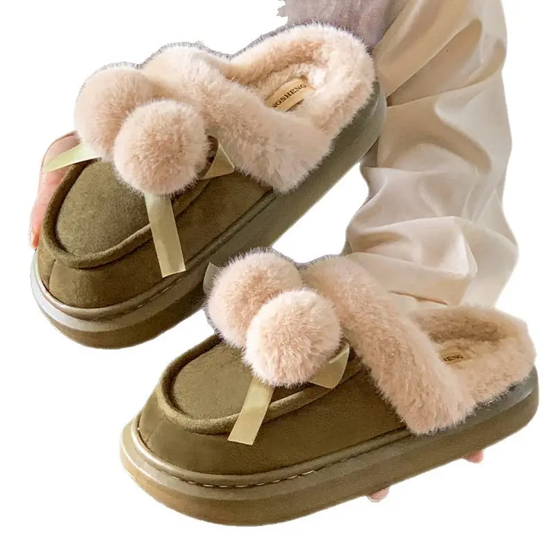 2025 Winter Double Ball Bow Plush Cotton Slippers for Women