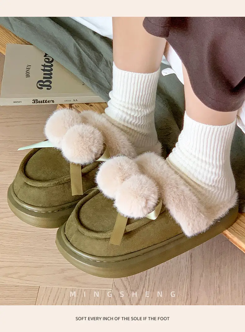 2025 Winter Double Ball Bow Plush Cotton Slippers for Women — feature 1