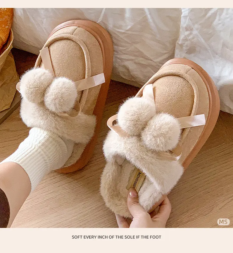 2025 Winter Double Ball Bow Plush Cotton Slippers for Women — feature 14