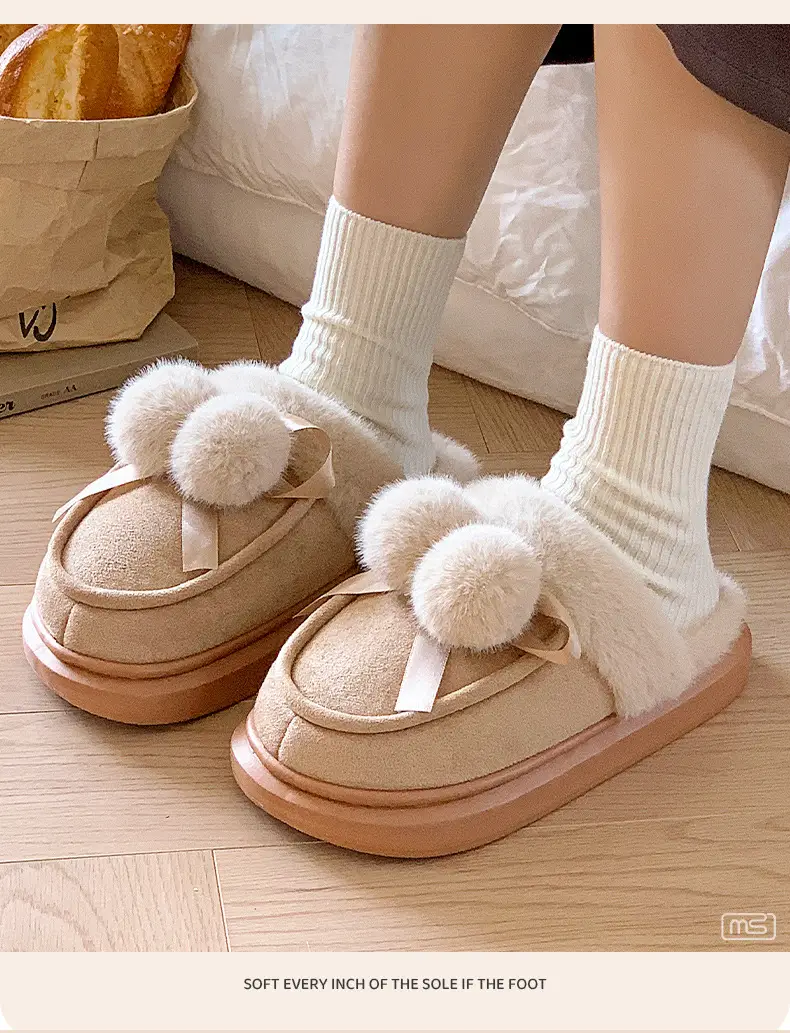 2025 Winter Double Ball Bow Plush Cotton Slippers for Women — feature 2