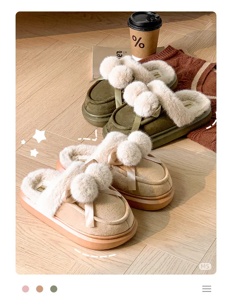 2025 Winter Double Ball Bow Plush Cotton Slippers for Women — feature 21