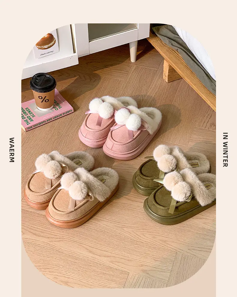 2025 Winter Double Ball Bow Plush Cotton Slippers for Women — feature 3