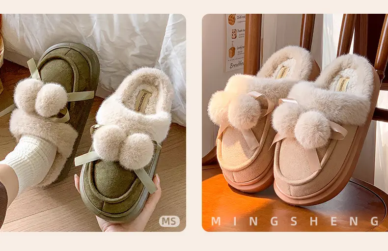 2025 Winter Double Ball Bow Plush Cotton Slippers for Women — feature 8