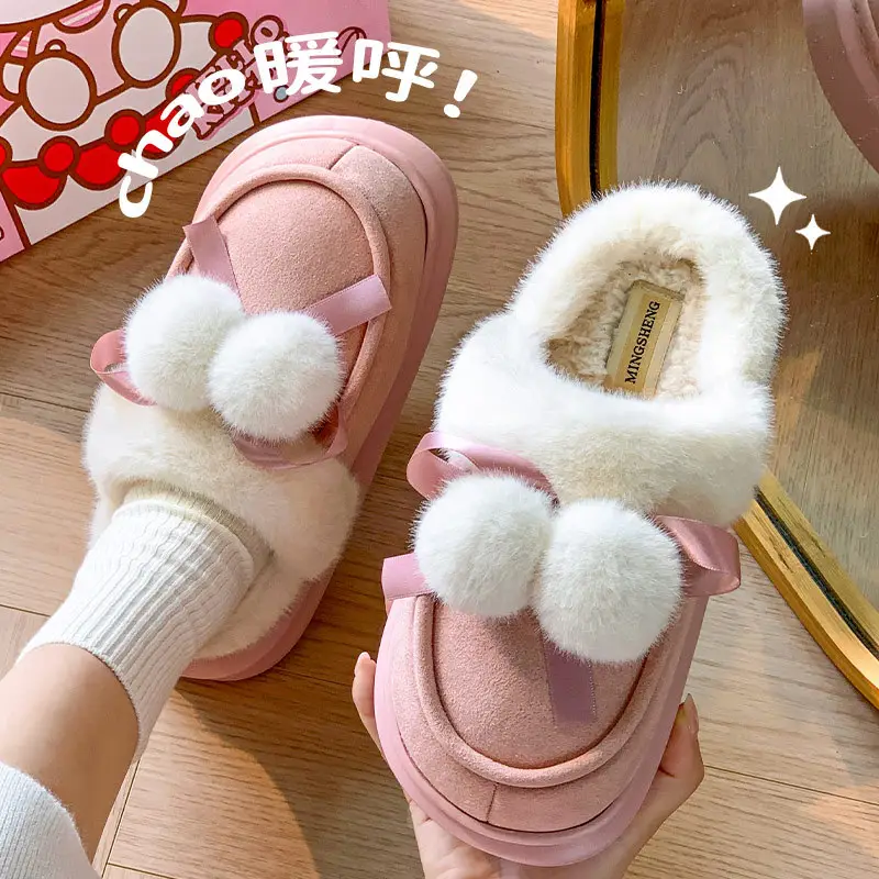 2025 Winter Double Ball Bow Plush Cotton Slippers for Women