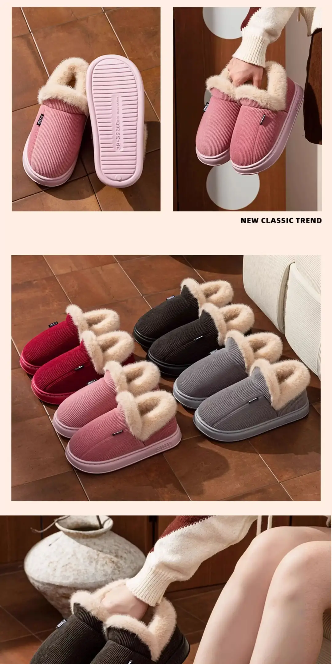 Fleece Lined Women's Cotton Slippers Pink Warm Indoor — feature 12