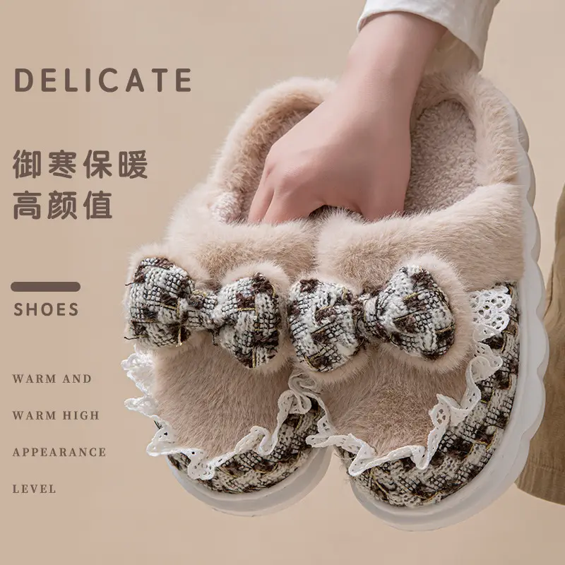 2025 New Cotton Slippers for Women in Autumn and Winter Thick-Soled Non-Slip Fleece-Lined Warm Indoor Home Silent Bow Cotton Slippers - Image 2