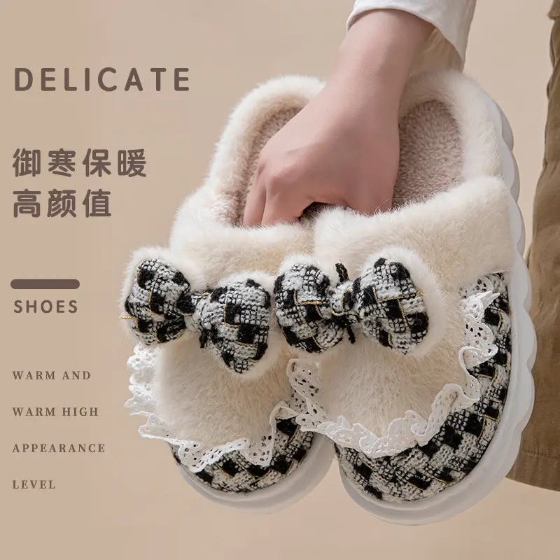 2025 New Cotton Slippers for Women in Autumn and Winter Thick-Soled Non-Slip Fleece-Lined Warm Indoor Home Silent Bow Cotton Slippers - Image 3