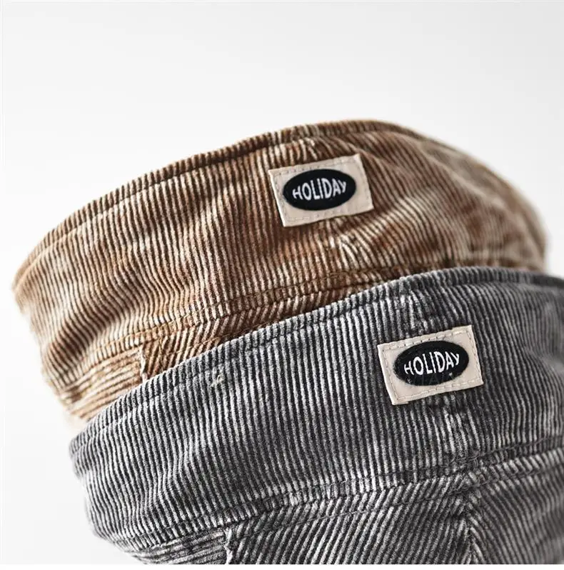 Men's Corduroy Sunshade Cap Brown Back Patch Letters — feature 7