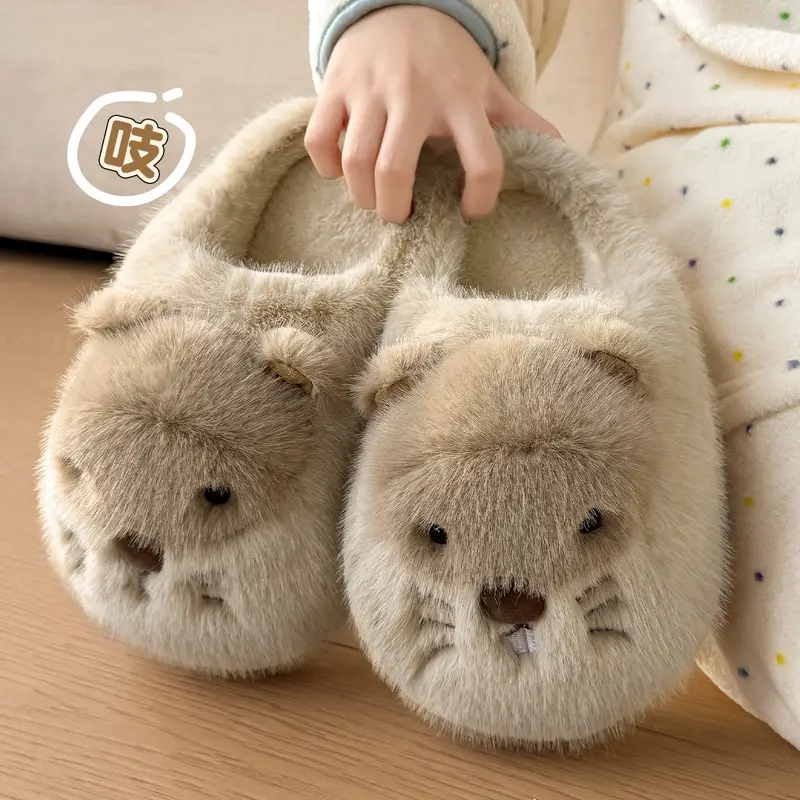 Cartoon Cotton Slippers for Women in Winter, Cute Hamster Indoor Home Slippers for Women, Winter Plush Slippers Wholesale