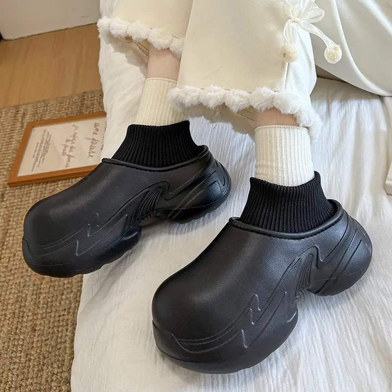 Women Black Slip-On Slippers Warm Thick Sole Autumn Winter - Image 6