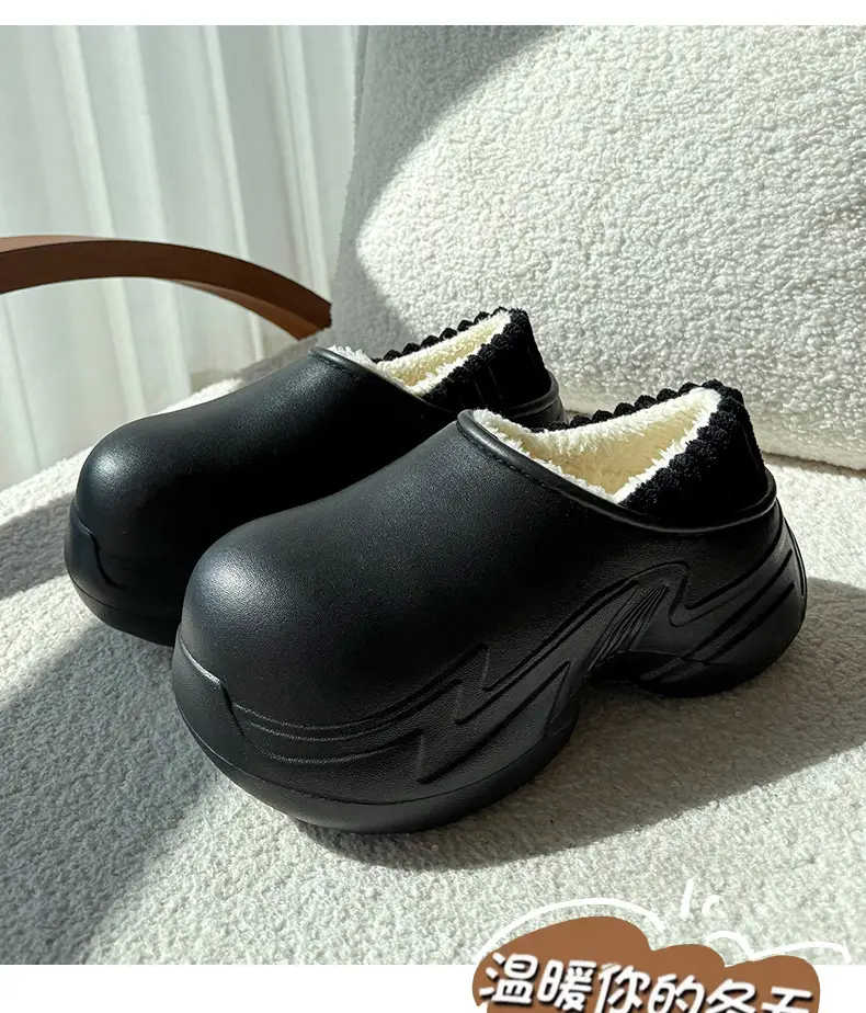 Women Black Slip-On Slippers Warm Thick Sole Autumn Winter — feature 13