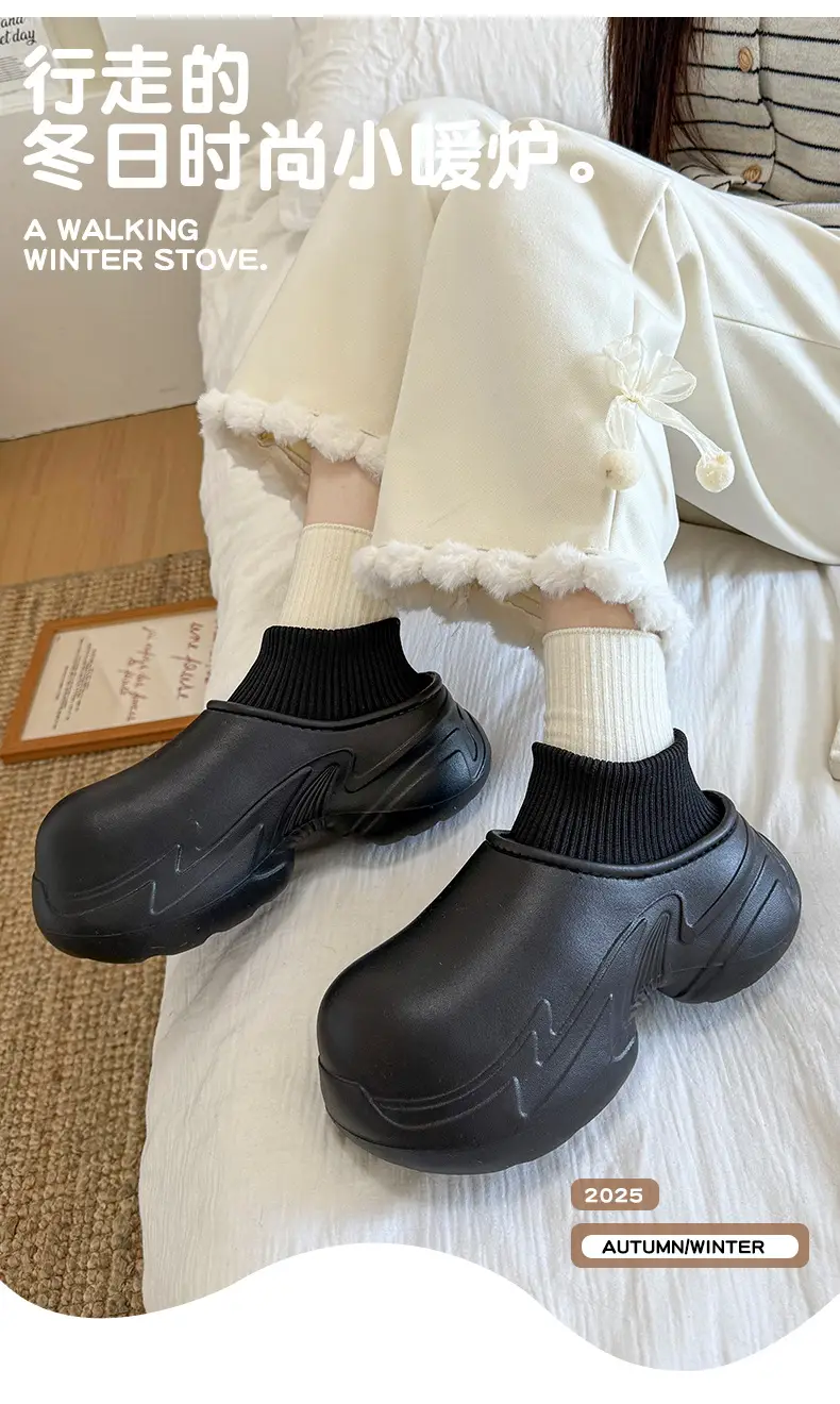 Women Black Slip-On Slippers Warm Thick Sole Autumn Winter — feature 4