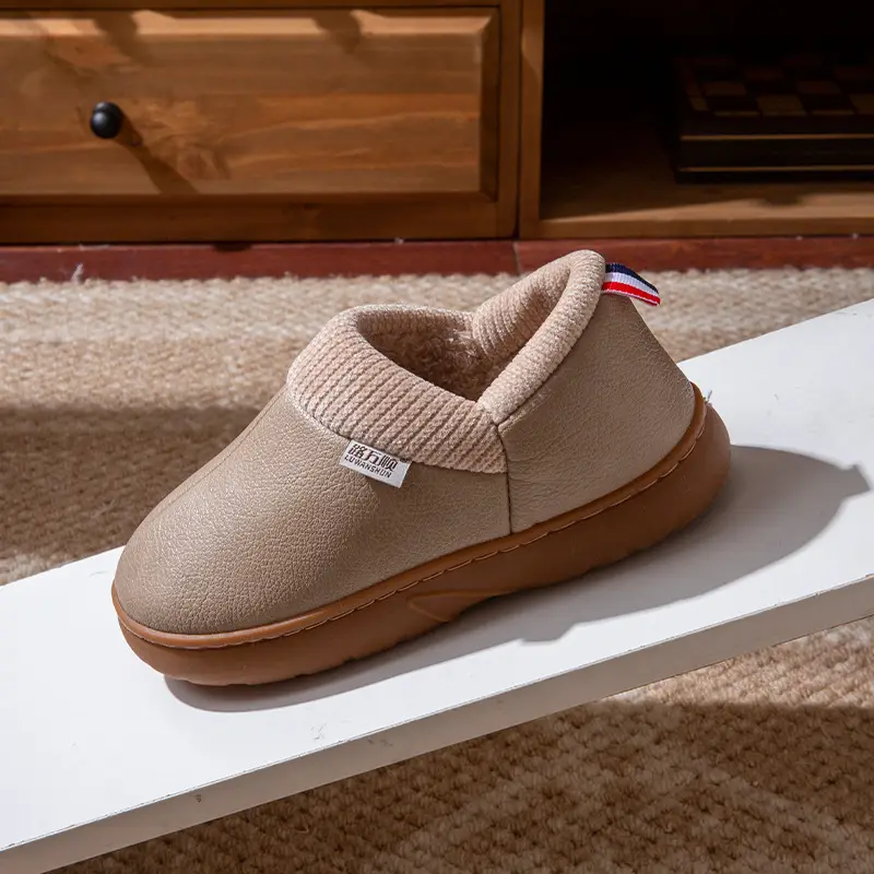 Pu Waterproof Cotton Shoes for Women in Winter Fleece-Lined to Heattech Thick-Soled Non-Slip Home Elderly Bags with Cotton Slippers for Men to Wear Outside