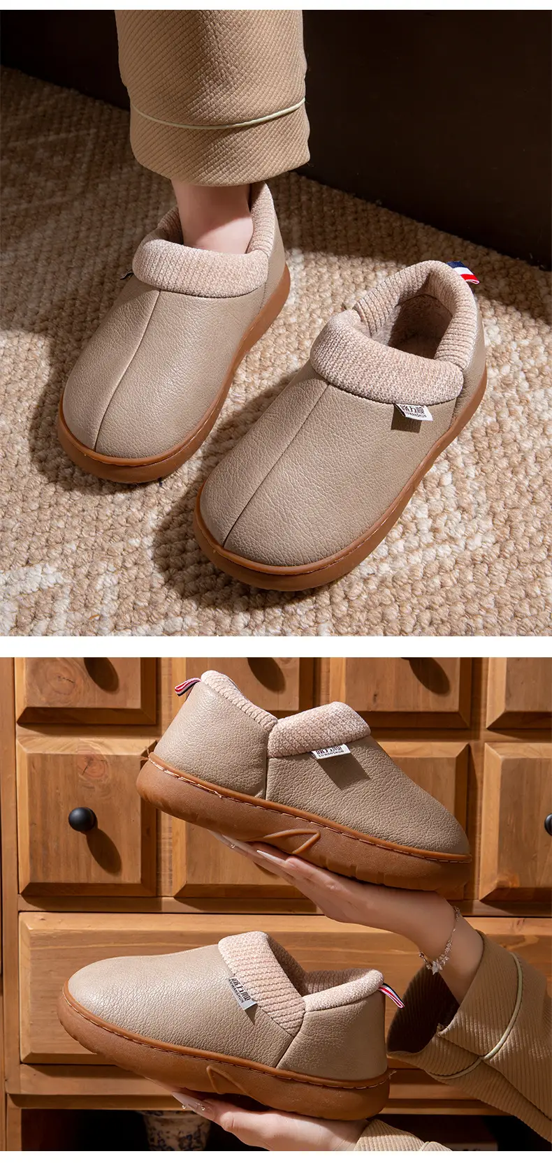 Pu Waterproof Cotton Shoes for Women in Winter Fleece-Lined to Heattech Thick-Soled Non-Slip Home Elderly Bags with Cotton Slippers for Men to Wear Outside — feature 13