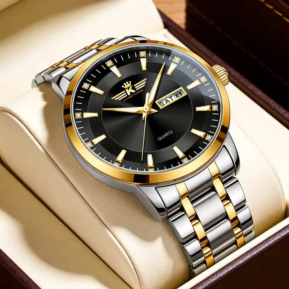 New Foreign Trade Men's Steel Band Waterproof Fully Automatic Dual Calendar Watch Luminous Scale Cross-Border Popular Business Watch