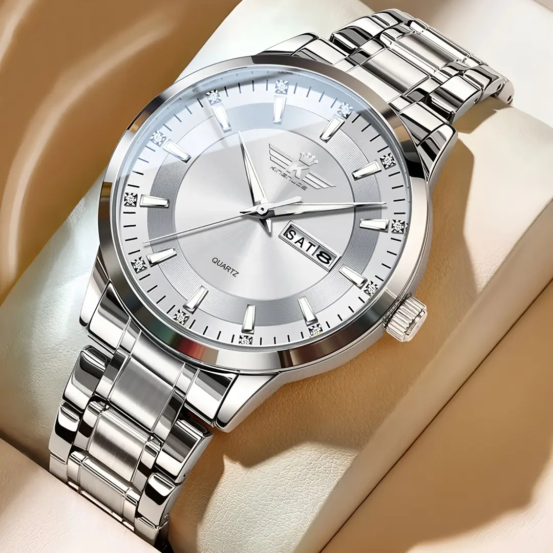New Foreign Trade Men's Steel Band Waterproof Fully Automatic Dual Calendar Watch Luminous Scale Cross-Border Popular Business Watch