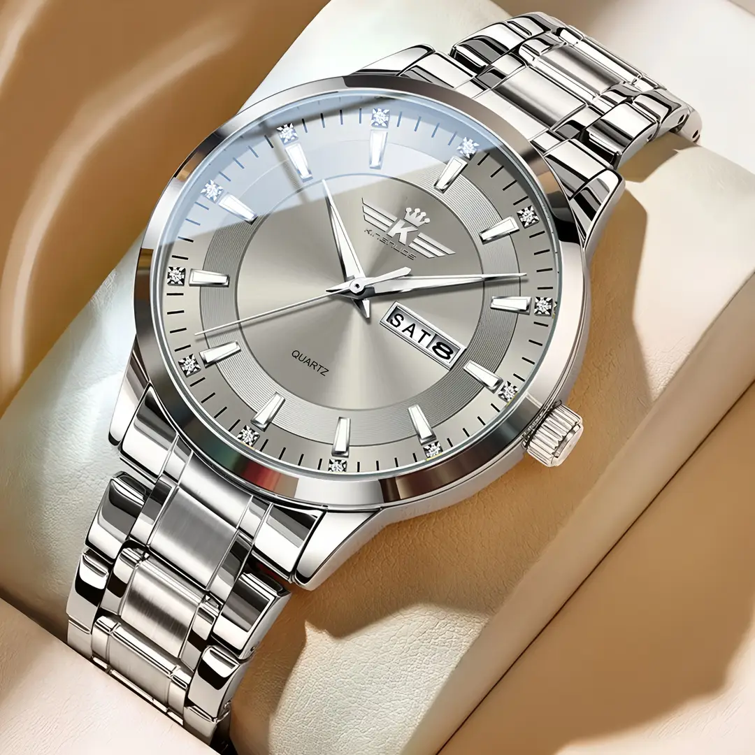 New Foreign Trade Men's Steel Band Waterproof Fully Automatic Dual Calendar Watch Luminous Scale Cross-Border Popular Business Watch