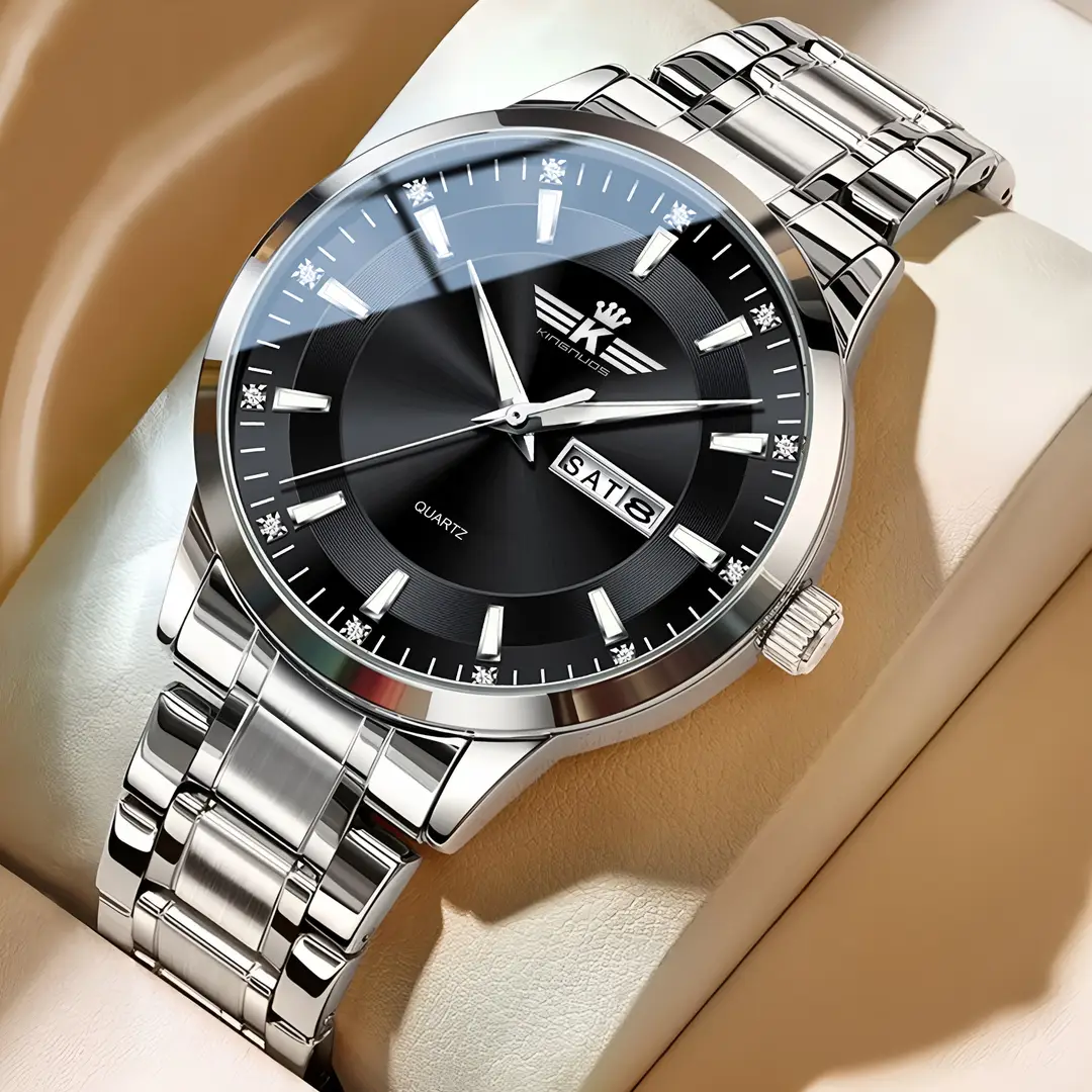 New Foreign Trade Men's Steel Band Waterproof Fully Automatic Dual Calendar Watch Luminous Scale Cross-Border Popular Business Watch