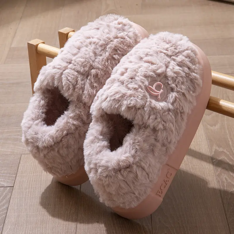 New Winter Fleece Heeled Slippers for Women Pink