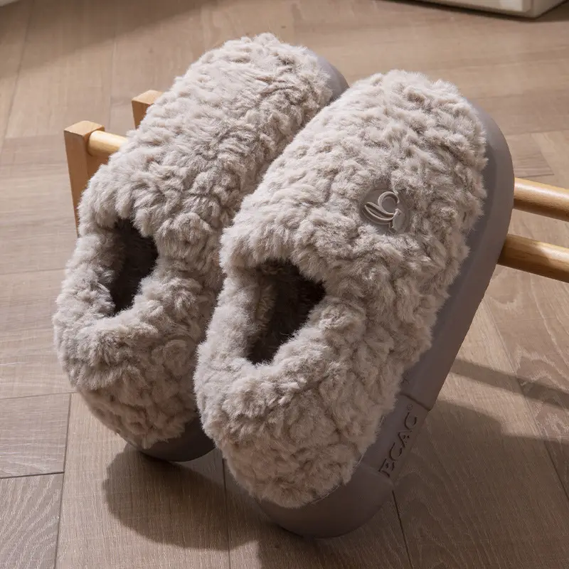 New Winter Fleece Heeled Slippers for Women Pink