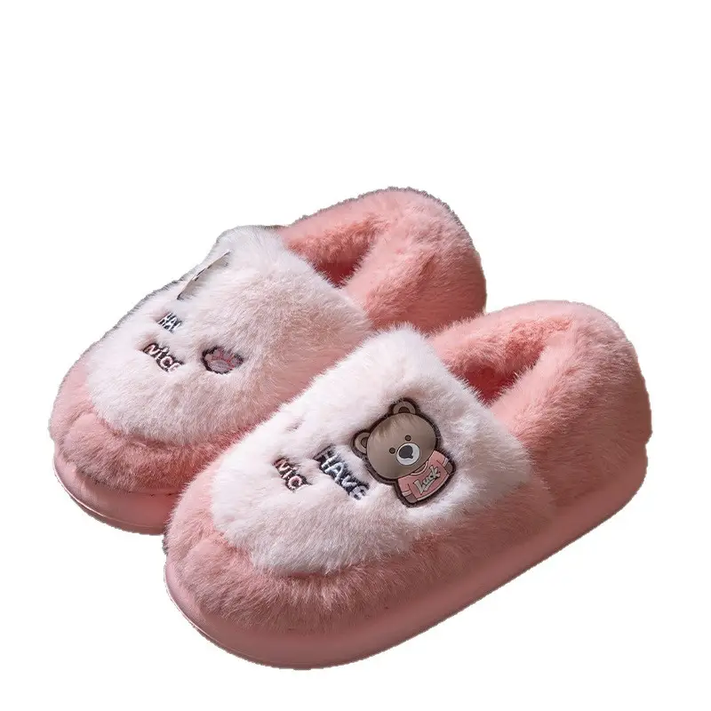 Winter Bag-Heeled Cotton Slippers for Women, Fleece-Lined, Warm, Thick-Soled, Non-Slip, Couples, Home Wear, Cartoon Furry Cotton Shoes for Men