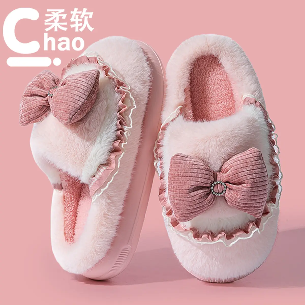 Women Cotton Bow Slippers Winter Warm Indoor - Image 9
