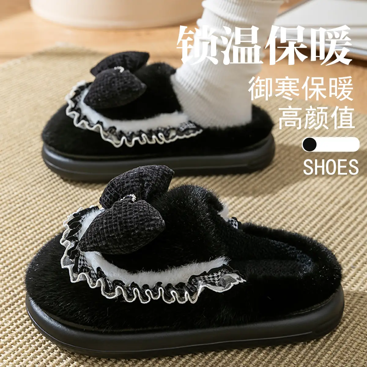 Women Cotton Bow Slippers Winter Warm Indoor - Image 10