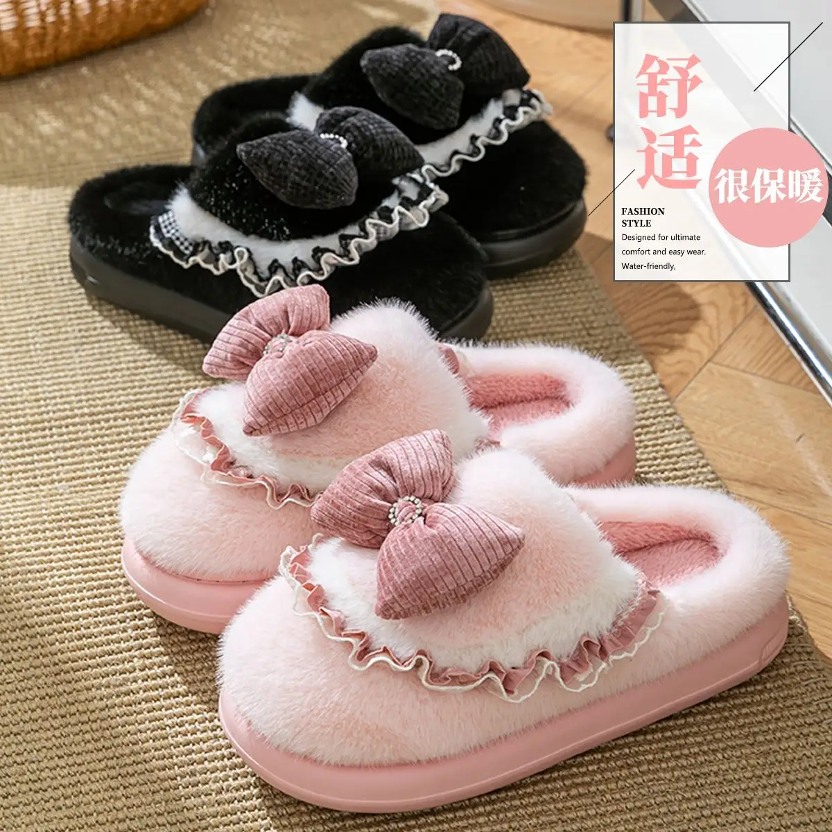 Women Cotton Bow Slippers Winter Warm Indoor - Image 11