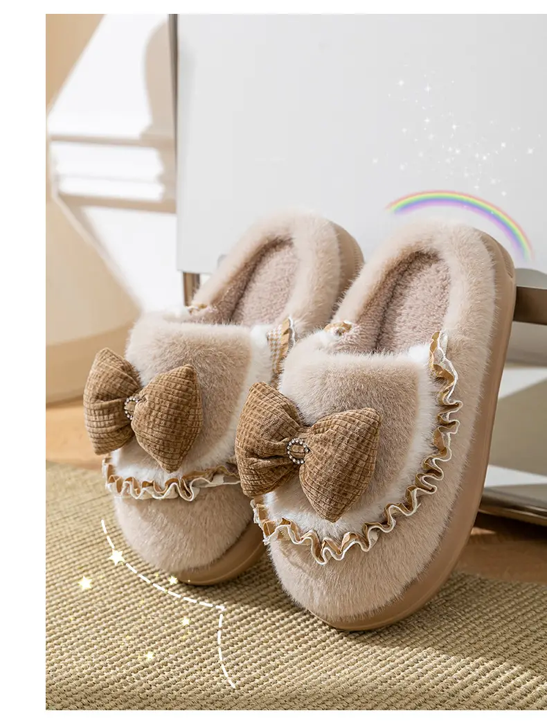 Women Cotton Bow Slippers Winter Warm Indoor — feature 10