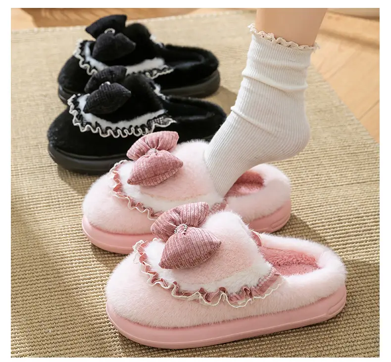 Women Cotton Bow Slippers Winter Warm Indoor — feature 12