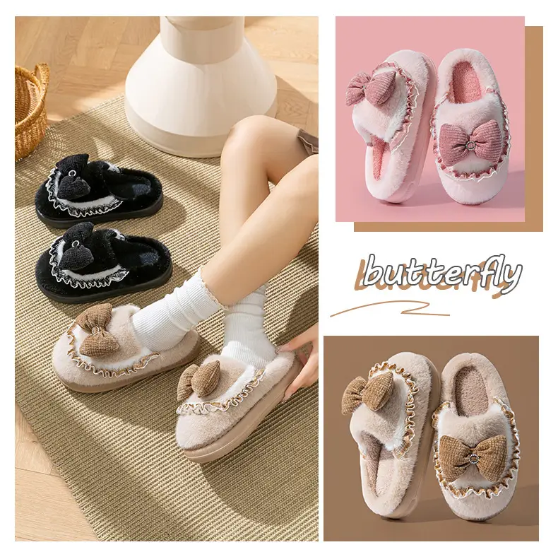 Women Cotton Bow Slippers Winter Warm Indoor — feature 13