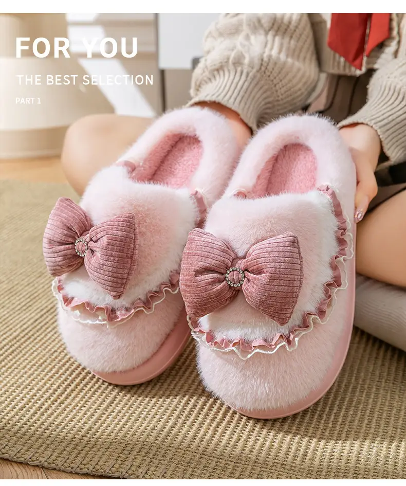 Women Cotton Bow Slippers Winter Warm Indoor — feature 14