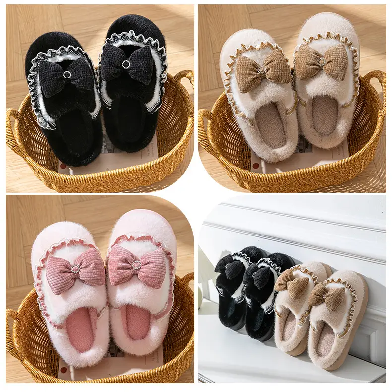 Women Cotton Bow Slippers Winter Warm Indoor — feature 15