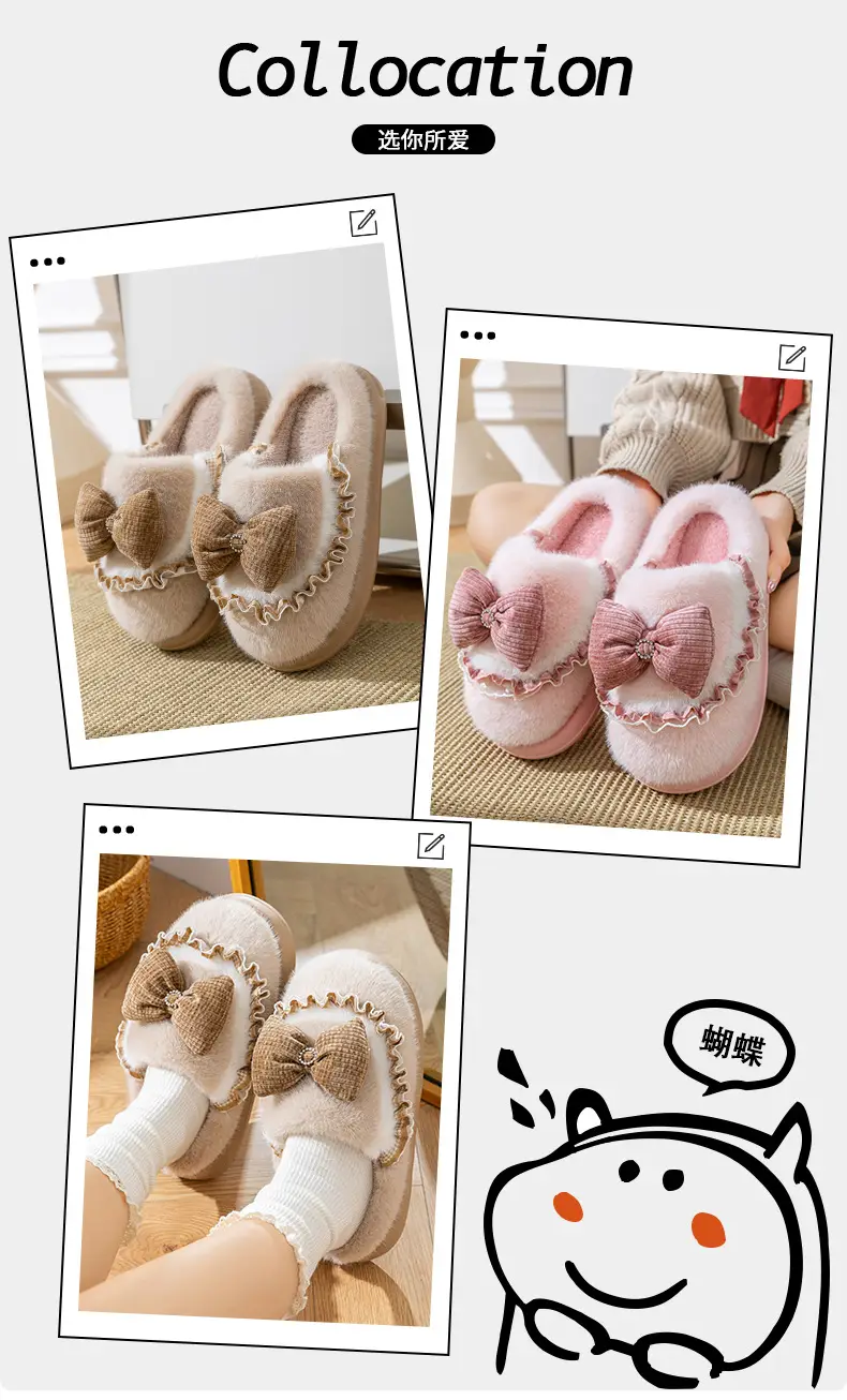 Women Cotton Bow Slippers Winter Warm Indoor — feature 3
