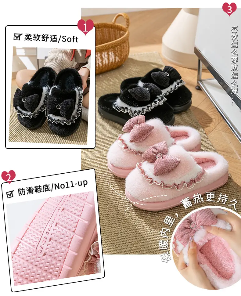 Women Cotton Bow Slippers Winter Warm Indoor — feature 4