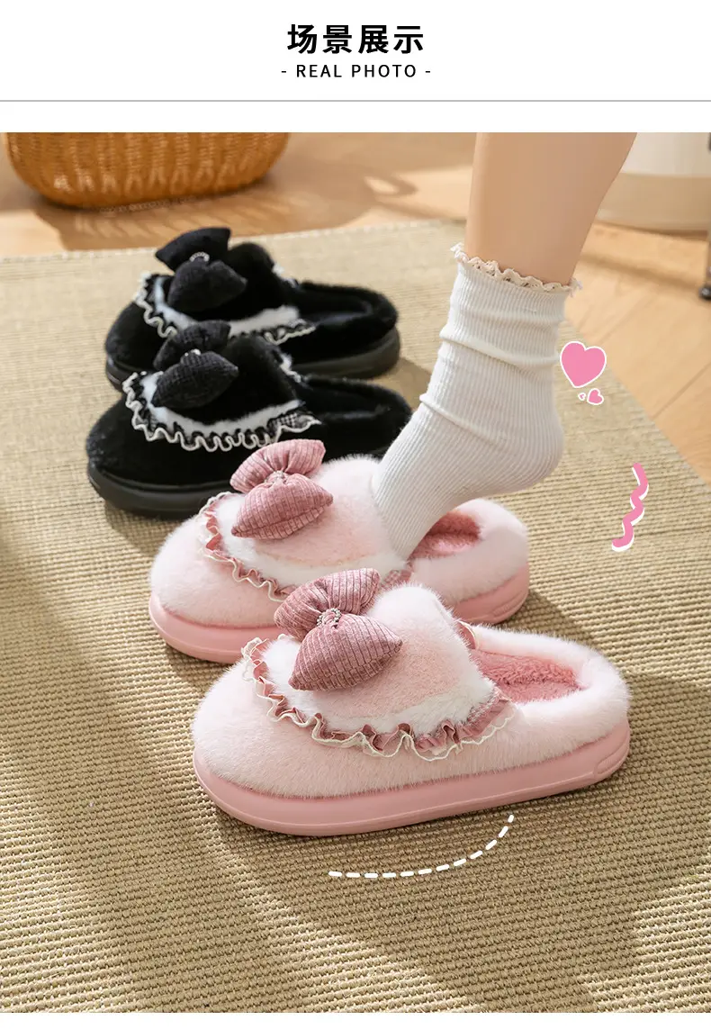 Women Cotton Bow Slippers Winter Warm Indoor — feature 7