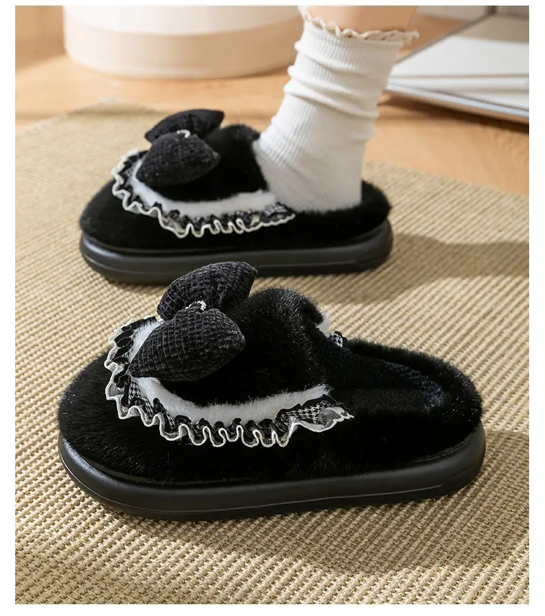 Women Cotton Bow Slippers Winter Warm Indoor — feature 8