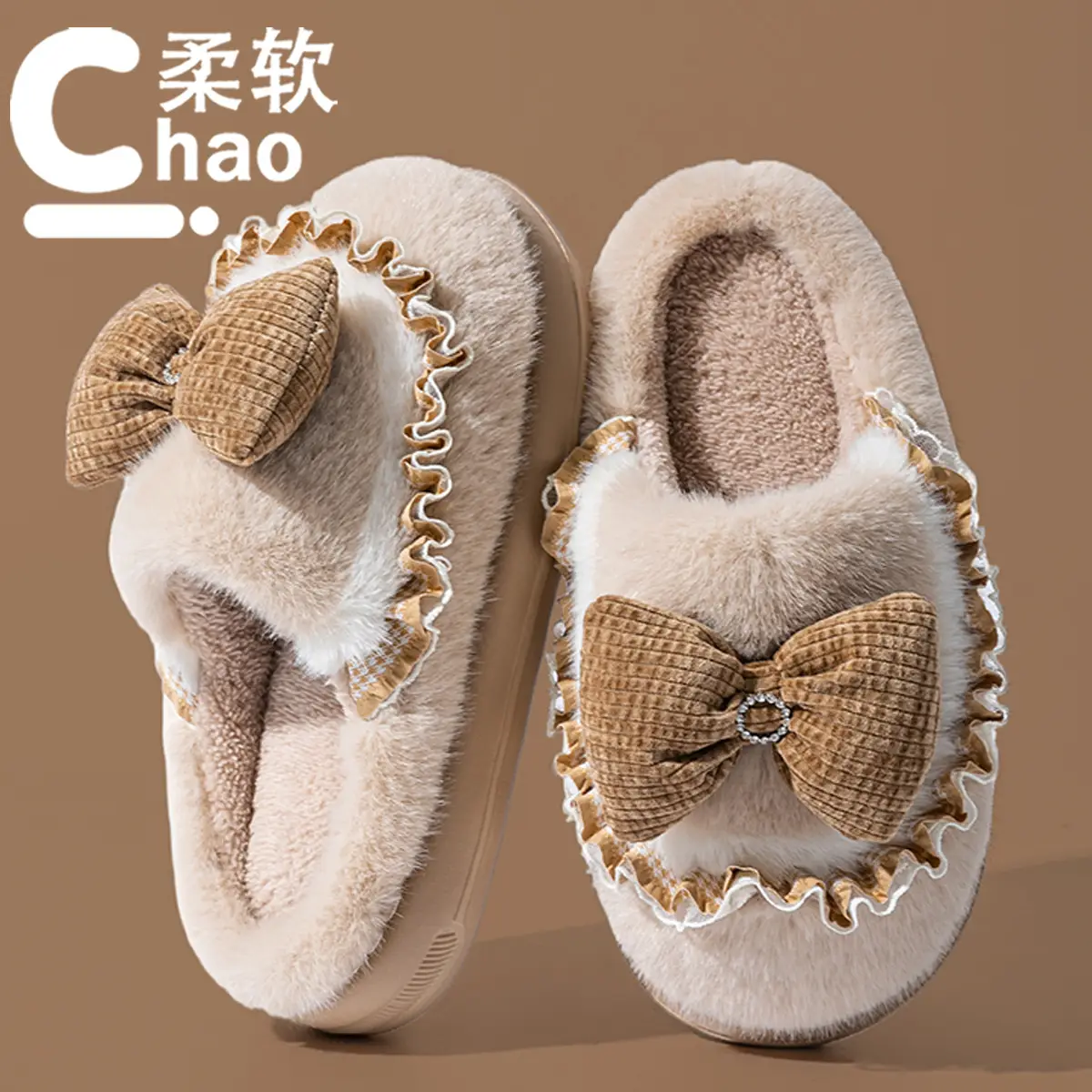 Women Cotton Bow Slippers Winter Warm Indoor - Image 2