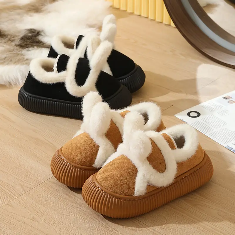 Women Winter Warm Cotton Slippers Black Heel - Image 8