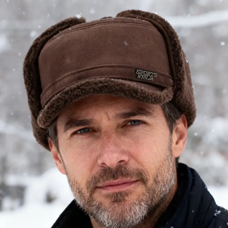 Men's Winter Ear Protection Hat Brown with Fleece