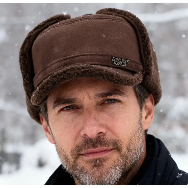 Men's Winter Ear Protection Hat Brown with Fleece — feature 17