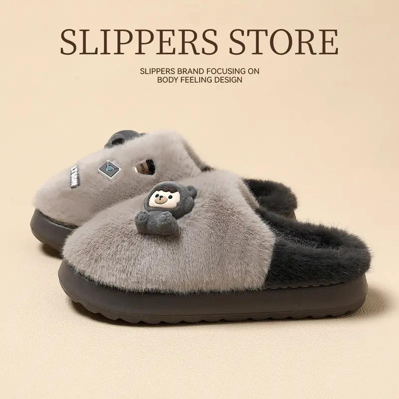 Parent-Child Cotton Slippers for Women in Winter, Cute Cartoon Plush Warm Non-Slip Slippers for Men in Winter, Children's Furry Slippers for Men in Winter - Image 10
