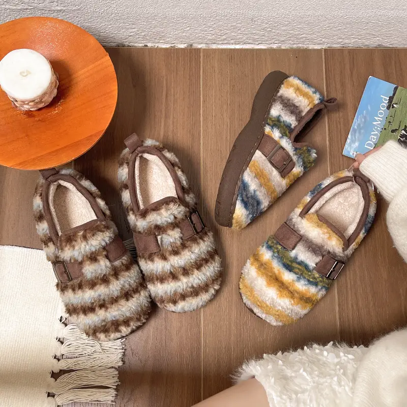 Nanbowan Plaid Versatile Retro Comfortable Autumn and Winter New Warm Contrasting Color Birkenstock Shoes Women's Flats Shoes Cotton Slippers - Image 4