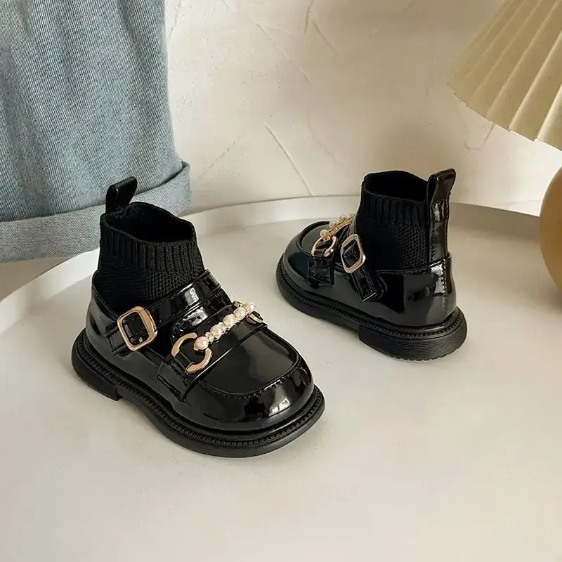Black Leather Boots for Girls Toddler 2025 Winter Socks