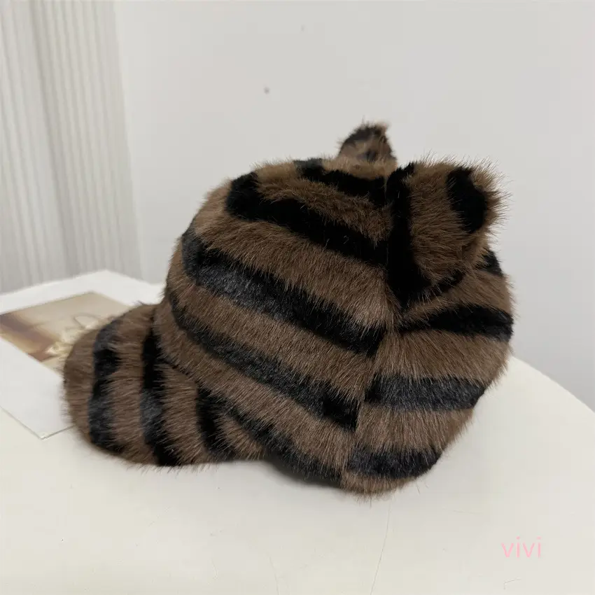Winter Plush Duckbill Cap for Women Black Striped - Image 6