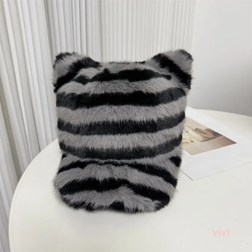 Winter Plush Duckbill Cap for Women Black Striped - Image 3