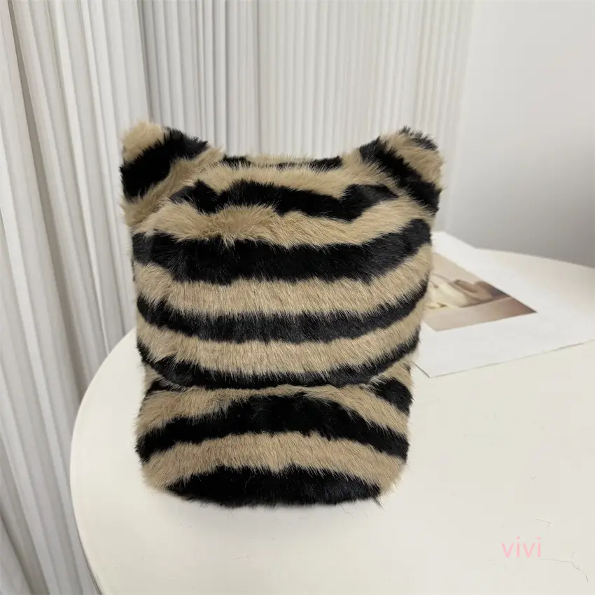 Winter Plush Duckbill Cap for Women Black Striped - Image 4