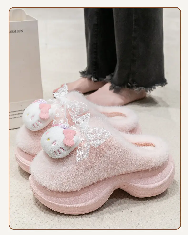 Cat Girl Pink Fluffy Slippers with Cartoon Decor — feature 11