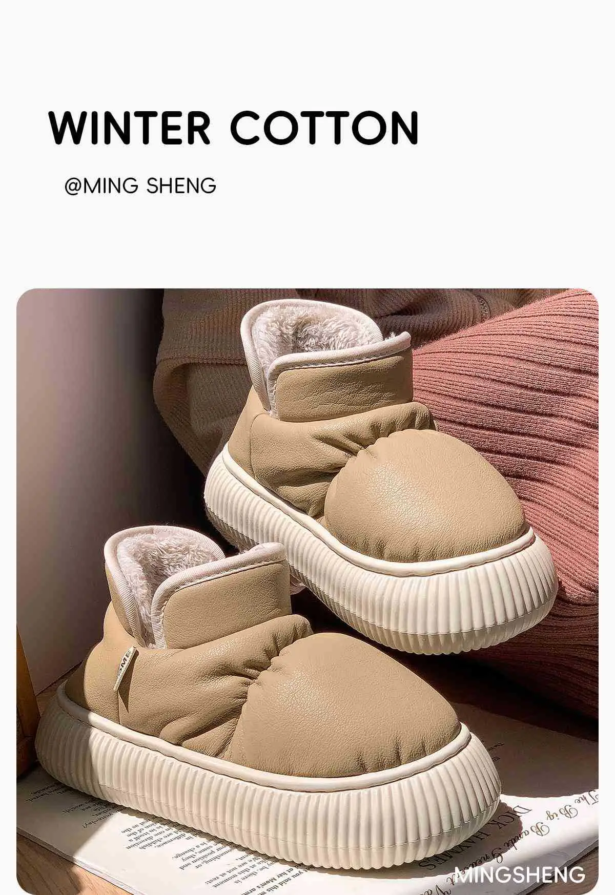 Women Winter Fleece Lined Slippers Beige Thick Soled — feature 3
